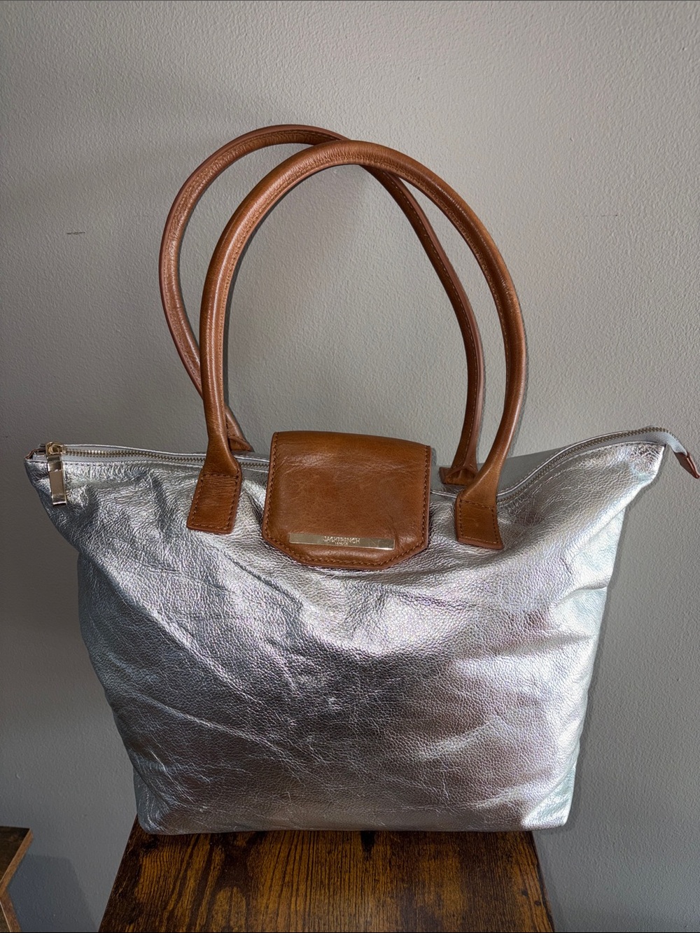 Jack French London Metallic Silver Tote with Brown Leather Handles